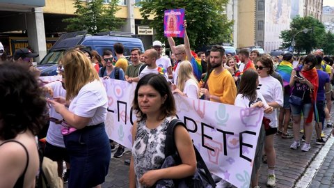 KYIV, UKRAINE-June 23, 2019: LGBT. Parade of pride. Procession for equal rights of gay, lesbian, bisexual, transgender people. Coming out. Rainbow flag, symbolism of sexual minorities. 