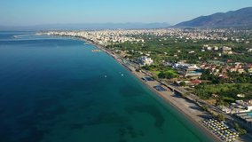 Aerial drone video from famous seaside town and sandy beach of Kalamata, Messenia, South Peloponnese, Greece