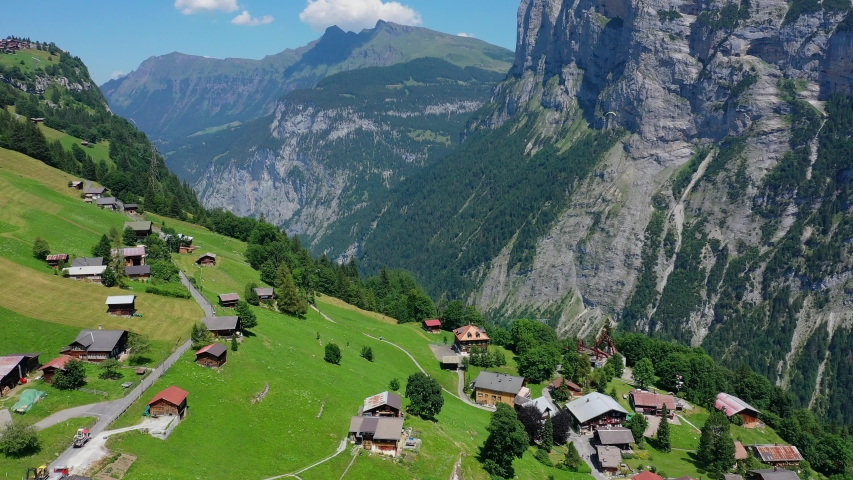 Small village of Gimmelwald in the Swiss mountains - Switzerland from above