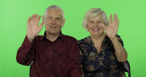 Senior aged man and woman waving with hands to camera on chroma key background. Concept of a happy family in old age. Place for your logo or text. Green screen background