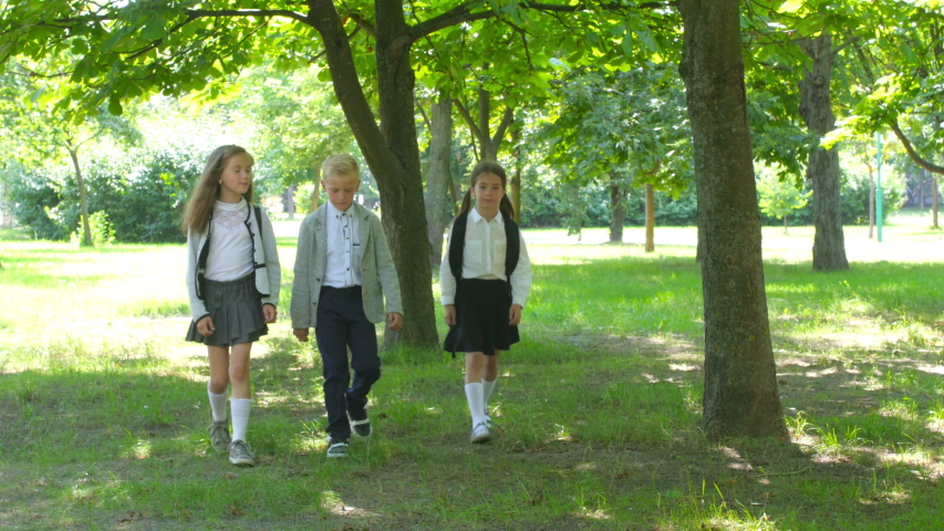 schoolchildren go to school, three school friends with school bags are sent to school