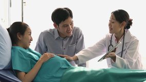Asian doctor visit patient woman and suggest physical examination of pregnant for baby at hospital. Concept of hope, hopeful, believe, baby coming, family, medical, healthcare and technology. - Powered by Shutterstock - Get 15% off with code: PIKWIZARD15
