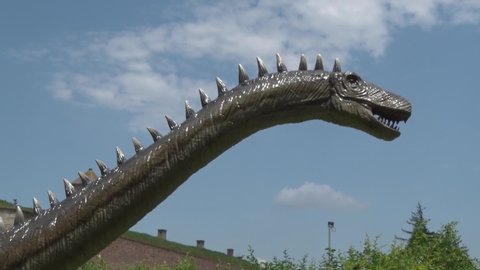 BELGRADE, SERBIA - JUN 11,2019: Realistic diplodocus dinosaur in dino park from head to tail