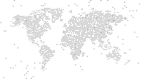 Dotted abstract world map. The world map is assembled from falling dot pixels. Dotted world map animation. 4K UHD video.
