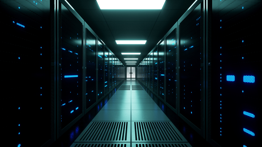 Digital information flows through network and data servers behind mesh panels in a server room of a data center or ISP. Forward Dolly Shot, 4K High Quality Animation Royalty-Free Stock Footage #1034159981