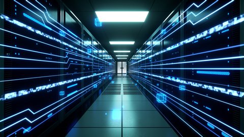 Digital information flows through network and data servers behind mesh panels in a server room of a data center or ISP. Forward Dolly Shot, 4K High Quality Animation