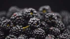 Blackberry closeup. Fresh Ripe organic black berries rotation over black background close-up. Heap of organic Blackberries macro shot, isolated on black background. 4K UHD video