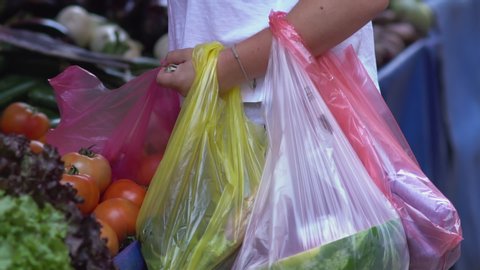 Female customer choosing tomatoes while carrying various plastic shopping bags filled with vegetables at a farmers street market.