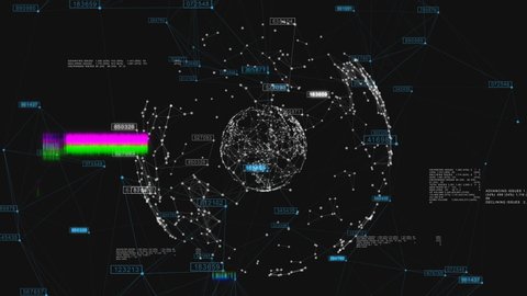 Beautiful Global Business Network Rotating in Space Seamless. Loop 3d Animation of Abstract Grid Spheres with Changing Numbers and Text. Information Technology Concept. 4k UHD 3840x2160.