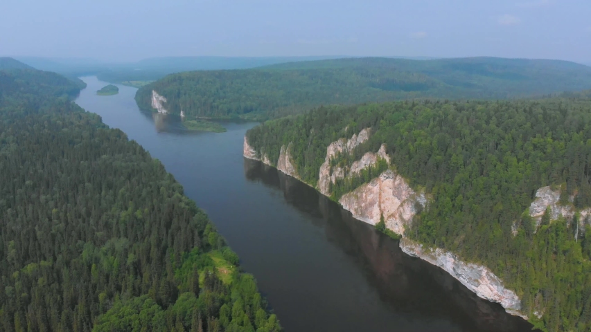 Rock Pisany over the river Vishera in the sunny morning