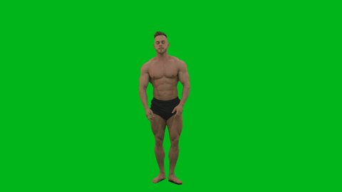 
Young Blonde Athlete showing Front Double Biceps and Lateral Spread on green screen. Young man fitnes trainer bodybuilder posing on green screen showing his muscules and biceps. 