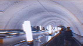 Abstract digital glitch art of people going down to metro by escalator, distortion glitch effect background 