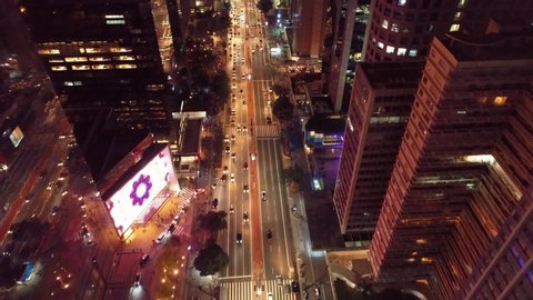 Aerial view of Paulista Avenue, São Paulo, Brazil. Night's scenery. Downtown's scene. Landmark of the city, Heart of São Paulo. Illuminated avenue.