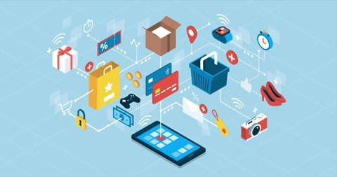 Online shopping app on a smartphone, e-payments and express delivery; network of isometric vector concepts