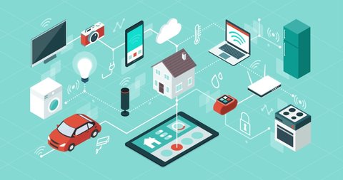Internet of things app user interface, domotics and smart home innovations, isometric network of connected devices and appliances
