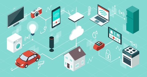Internet of things, domotics and smart home innovations, isometric network of connected devices and appliances