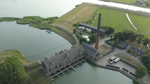 Lemmer, Friesland / Netherlands - July 29 2019: Aerial footage of Ir.D.F. Woudagemaal (D.F. Wouda Steam Pumping Station) UNESCO World heritage