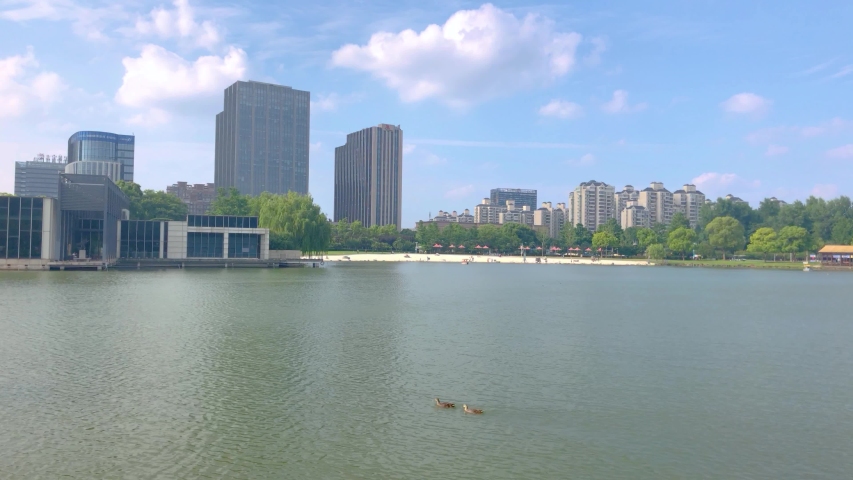 Architectural scenery around Daning Tulip Park in Shanghai, China 