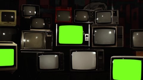 Retro Televisions Turning On Green Screen. Zoom In. You can replace green screen with the footage or picture you want with “Keying” effect in AE (check out tutorials on Internet).