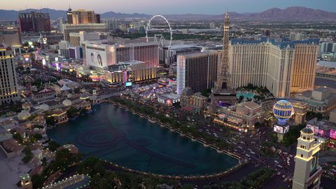 Las Vegas, Nevada / USA July 15th 2019.  View of the Las Vegas strip in Las Vegas, Nevada at sunset with Bellagio fountains and casinos. 