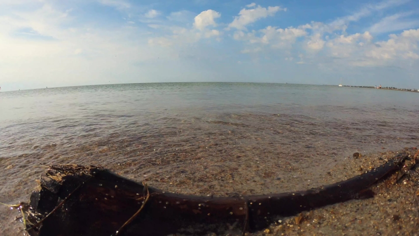 Wide angle shot of waves coming in on to a piece of driftwood in Rockport, Texas.