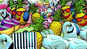 Seamless animation of a funny pineapple with sunglasses and headphones, flamingo inflatables, rings and beach balls. Funny summer background cartoon hand drawn style psychedelic backdrop