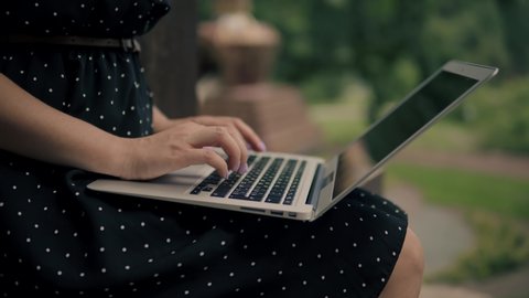 Freelancer Internet Online Meeting Webinar.Hands Typing On Laptop Keyboard.Woman Freelance With Computer Outdoors. Study Online Work Typing Email. Businesswoman Remote Working In Internet Distance Job