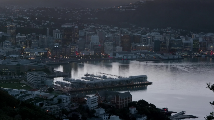 Wellington, Capital of New Zealand, Marina Pier and Coast in Harbour in Twilight