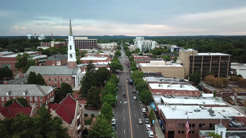 Aerial push into Chapel Hill NC Skyline along Franklin Street | Shutterstock HD Video #1034211026