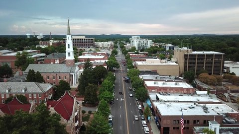 Aerial push into Chapel Hill NC Skyline along Franklin Street