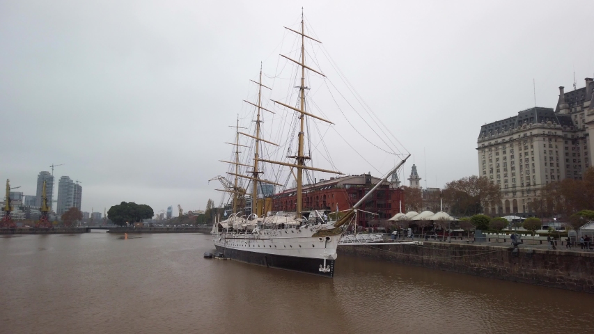 Steady left to right pan of the old Clipper ships in Puerto Madero, Buenos Aires, the capital of Argentina, the docks have seen great renovation the past few years
