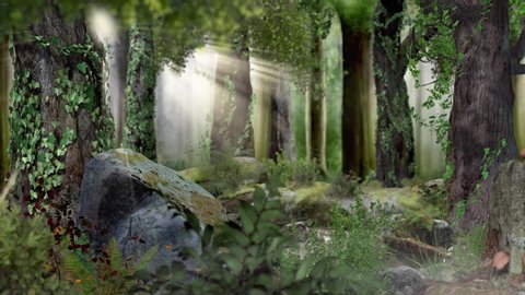 Magic fairytale forest with sunshine, camera tracking a butterfly, photorealistic 3d render, 4K