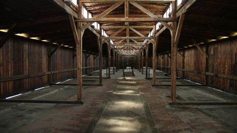 AUSCHWITZ, POLAND - MAY 28, 2019: Barrack view inside concentration camp in Poland Auschwitz Birkenau. Massacres Jews by German Nazis. Place of life of prisoners of genocide. Beds where people slept.