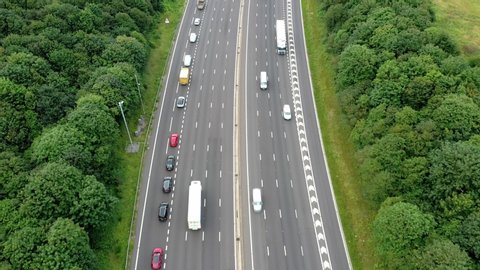 Aerial view busy motorway traffic England