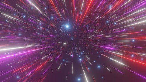Abstract hyperspace background. Speed of light, neon glowing rays and stars in motion. Moving through stars. 4k Seamless loop