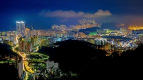 Aerial timelapse video of Busan city at night, South Korea.