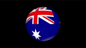 4K Animated video fisheye round ball view of rotating Australia flag on black background. The flag rotates from right to left and left to right. Element for website, presentation, import into video.
