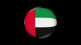 4K Animated video fisheye round ball view of rotating UAE flag on black background. The flag rotates from right to left and left to right. Element for website, presentation, import into video.
