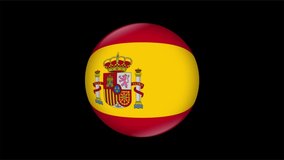 4K Animated video fisheye round ball view of rotating Spain flag on black background. The flag rotates from right to left and left to right. Element for website, presentation, import into video.
