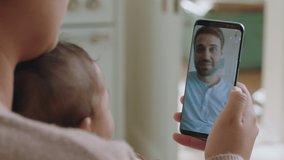 mother and baby having video chat with father using smartphone waving at little toddler enjoying family connection having long distance relationship on mobile phone