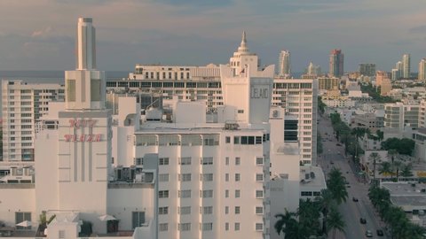 Aerial over Art Deco Hotel monument in the Art Deco District of Miami beach along Ocean Drive. Miami Beach. Florida, USA. 10 July 2019 