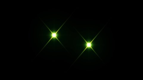 Two bright green stars moving to the center by spiral on black background, merging and flashing into white screen