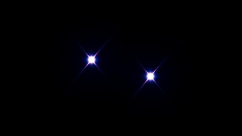 Two bright blue stars moving to the center by spiral on black background, merging and flashing into white screen