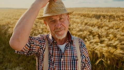 Portrait shot of the senior Caucasian farmer man in a plaid shirt taking off a hat and looking straight to the camera with a smile in the field.