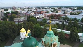 Over the old Spaso-Preobrazhensky monastery, cloud July afternoon. Yaroslavl, Golden ring of Russia (aerial video) 