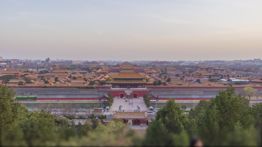 Forbidden City and Beijing Skyline, China. View from Jingshan Park at Sunset. Day to Night Time Lapse