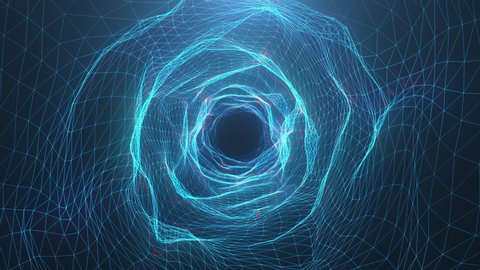 Abstract motion digital wormhole, tunnel consisting blue sparkling particle and lines. Way through the digital network beautiful blue particles. Seamless Loopable 3D 4K animation