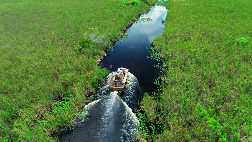 Aerial view Airboat on a river in Everglades National Park. Florida. USA. 