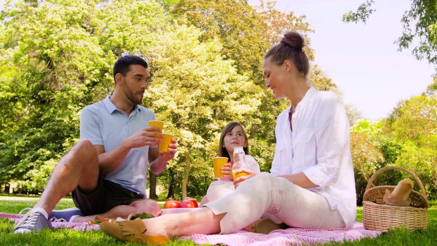 family, leisure and picnic concept - happy father, daughter and mother pouring orange juice from bottle to plastic cups at summer park