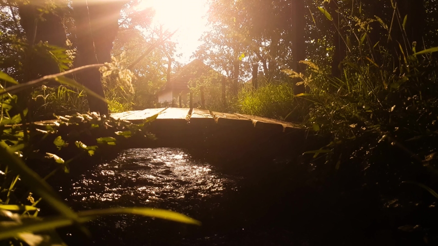 Beautiful scene of mountain stream running under the wooden small bridge. Background static shot of preserved nature in the early morning